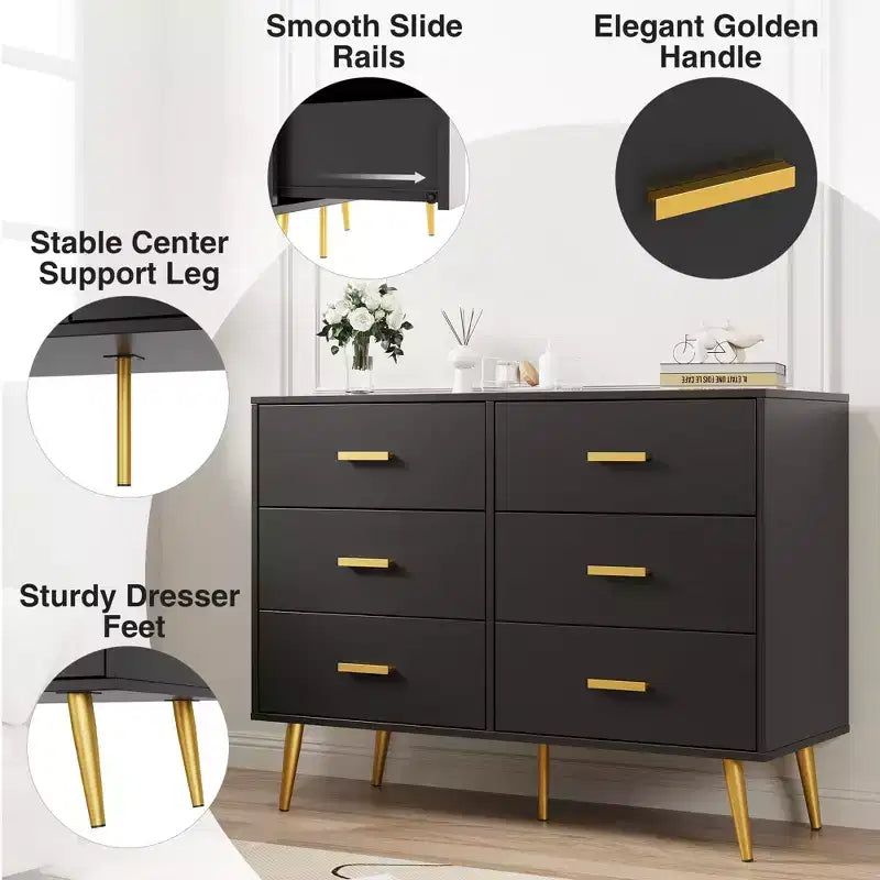 6 Drawer Dresser, Modern Wooden Dresser with Gold Handles and Storage Space, Chest of Drawers for Bedroom, Hallway, Living Room and Entryway