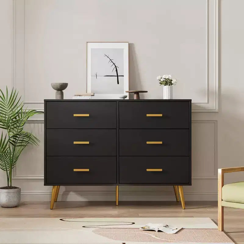 6 Drawer Dresser, Modern Wooden Dresser with Gold Handles and Storage Space, Chest of Drawers for Bedroom, Hallway, Living Room and Entryway