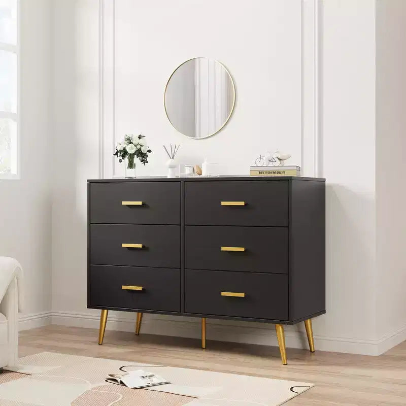 6 Drawer Dresser, Modern Wooden Dresser with Gold Handles and Storage Space, Chest of Drawers for Bedroom, Hallway, Living Room and Entryway