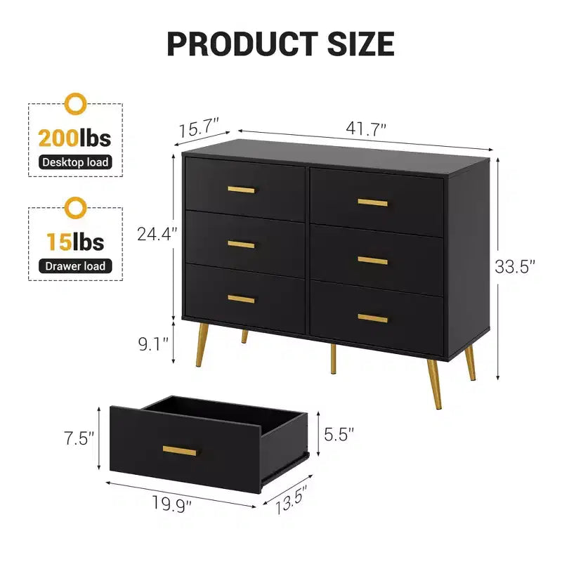 6 Drawer Dresser, Modern Wooden Dresser with Gold Handles and Storage Space, Chest of Drawers for Bedroom, Hallway, Living Room and Entryway