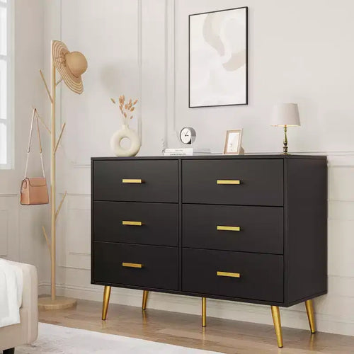 6 Drawer Dresser, Modern Wooden Dresser with Gold Handles and Storage Space, Chest of Drawers for Bedroom, Hallway, Living Room and Entryway