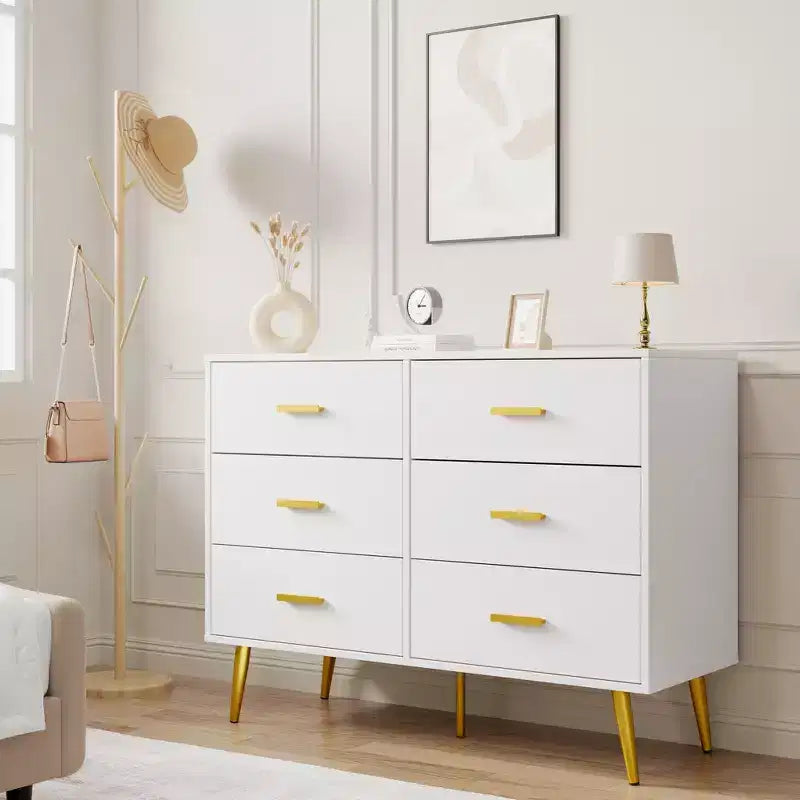 6 Drawer Dresser, Modern Wooden Dresser with Gold Handles and Storage Space, Chest of Drawers for Bedroom, Hallway, Living Room and Entryway