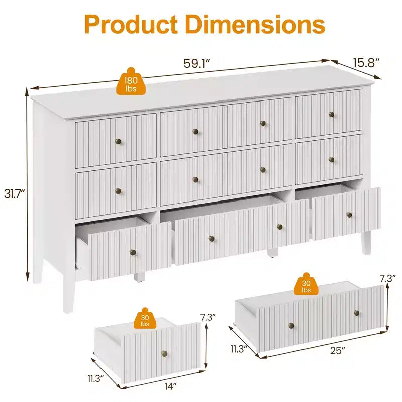Heynemo Fluted 9 Drawer Dresser, 59 Wide Modern Chest of Drawers with Metal Handle, TV Stand Storage Organizer for Bedroom, Living Room, White