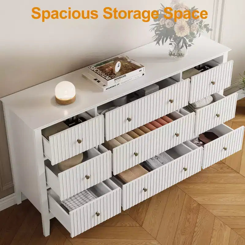 Heynemo Fluted 9 Drawer Dresser, 59 Wide Modern Chest of Drawers with Metal Handle, TV Stand Storage Organizer for Bedroom, Living Room, White