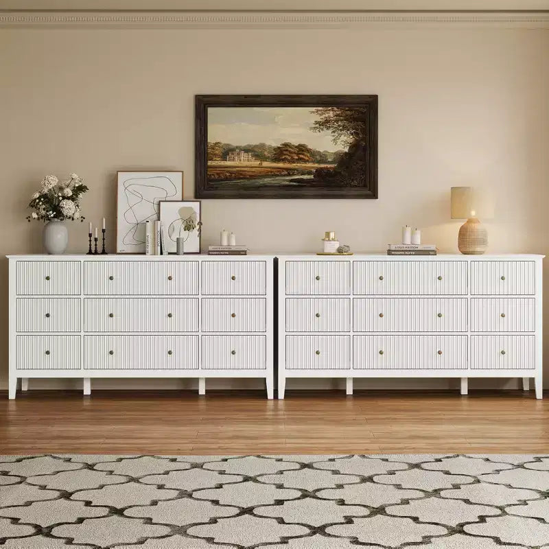Heynemo Fluted 9 Drawer Dresser, 59 Wide Modern Chest of Drawers with Metal Handle, TV Stand Storage Organizer for Bedroom, Living Room, White