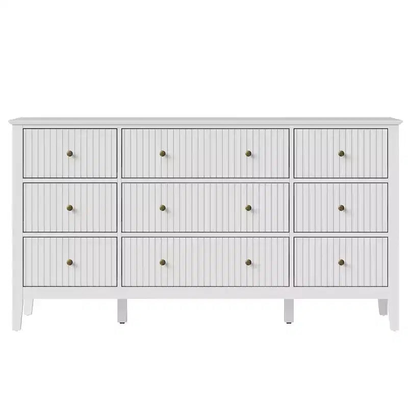Heynemo Fluted 9 Drawer Dresser, 59 Wide Modern Chest of Drawers with Metal Handle, TV Stand Storage Organizer for Bedroom, Living Room, White