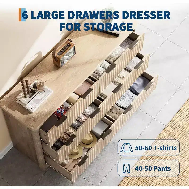 Acekool Fluted 6-Drawer Dresser  Modern Storage with Wavy Design & Sturdy Wood Top