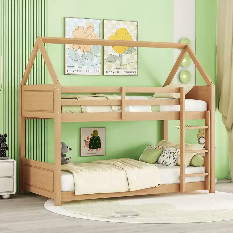 Twin Rubber Wood Floor BUnk Bed with Ladder, Guardrails, House Shaped Bunk Bed Beige