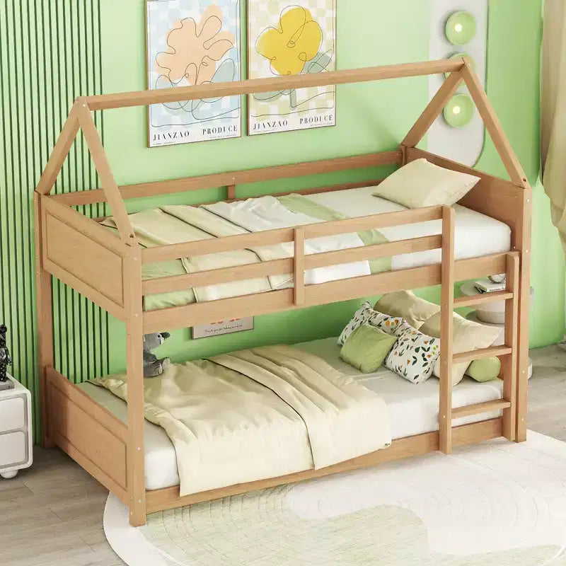 Twin Rubber Wood Floor BUnk Bed with Ladder, Guardrails, House Shaped Bunk Bed Beige