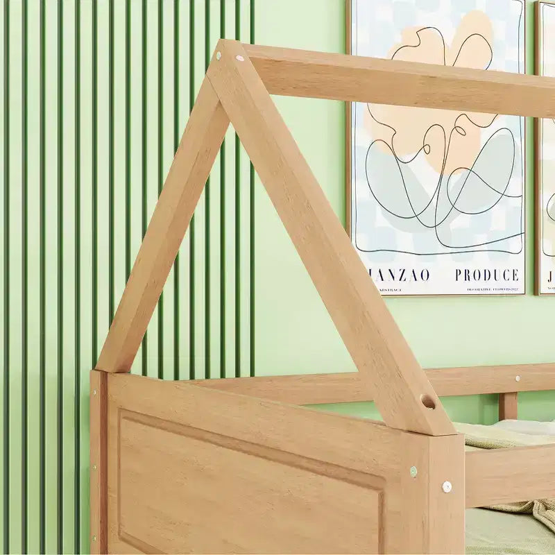 Twin Rubber Wood Floor BUnk Bed with Ladder, Guardrails, House Shaped Bunk Bed Beige