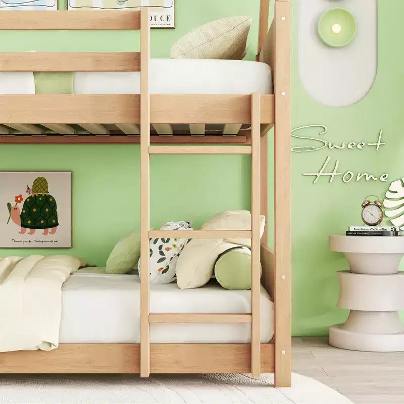 Twin Rubber Wood Floor BUnk Bed with Ladder, Guardrails, House Shaped Bunk Bed Beige