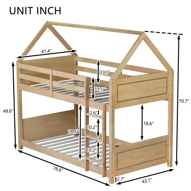 Twin Rubber Wood Floor BUnk Bed with Ladder, Guardrails, House Shaped Bunk Bed Beige
