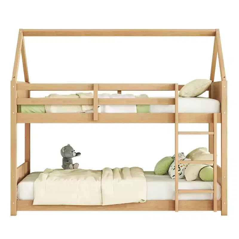 Twin Rubber Wood Floor BUnk Bed with Ladder, Guardrails, House Shaped Bunk Bed Beige