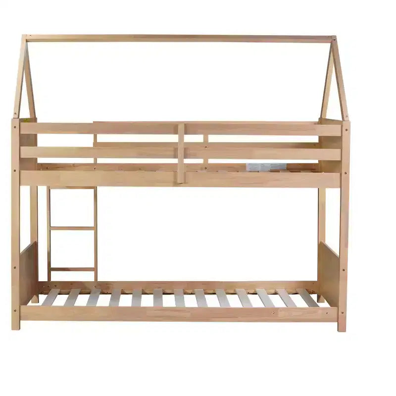 Twin Rubber Wood Floor BUnk Bed with Ladder, Guardrails, House Shaped Bunk Bed Beige