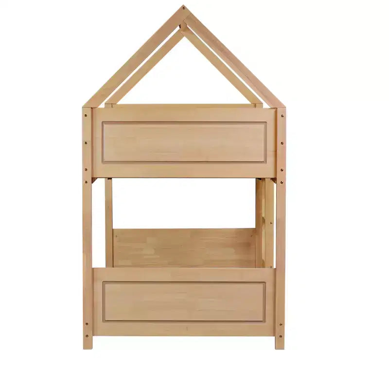 Twin Rubber Wood Floor BUnk Bed with Ladder, Guardrails, House Shaped Bunk Bed Beige