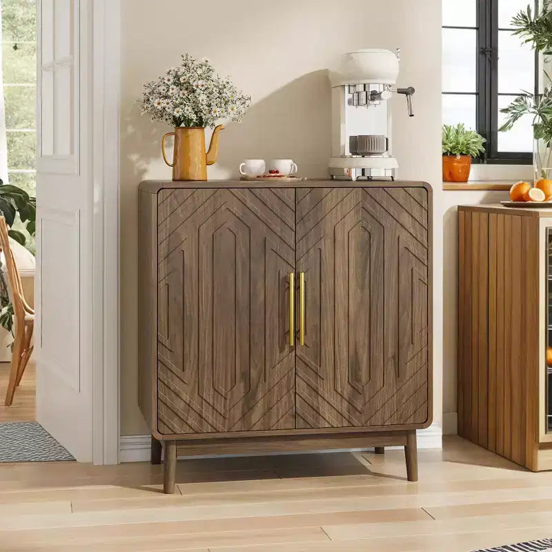 Hecarim Rustic Carved Doors Wood Storage Cabinet with Adjustable Shelves