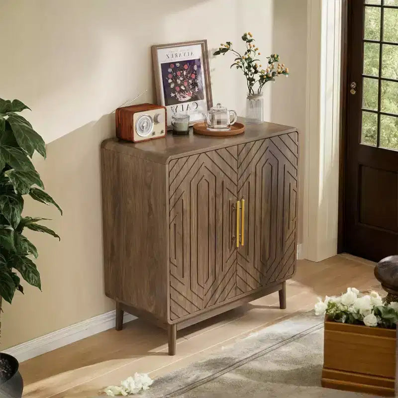 Hecarim Rustic Carved Doors Wood Storage Cabinet with Adjustable Shelves