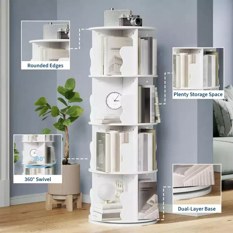GustoWave 4 Tier Rotating Bookshelf Tower, 360 Stackable Wood Spinning Bookshelf - Storage Display Rack Standing Revolving Bookcase