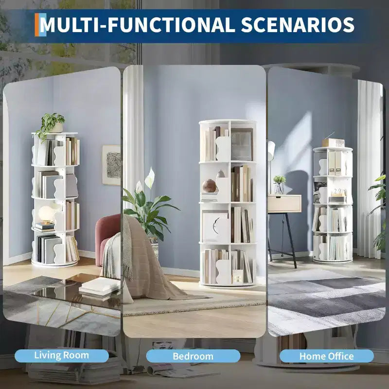 GustoWave 4 Tier Rotating Bookshelf Tower, 360 Stackable Wood Spinning Bookshelf - Storage Display Rack Standing Revolving Bookcase