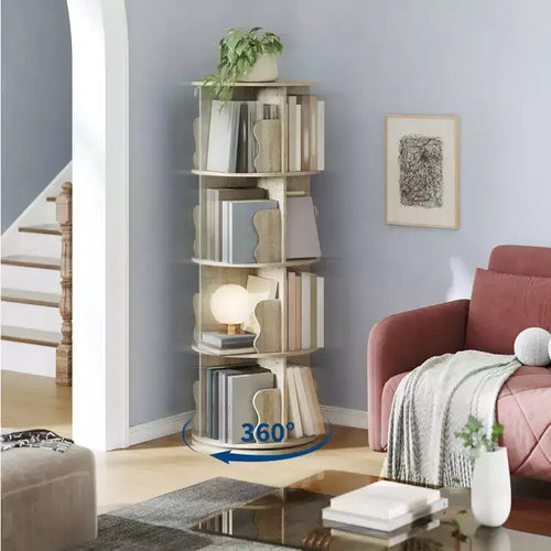 Étagère tournante à 4 niveaux, tour de bibliothèque rotative en bois à 360°, bibliothèque tournante sur pied pour rangement et exposition
