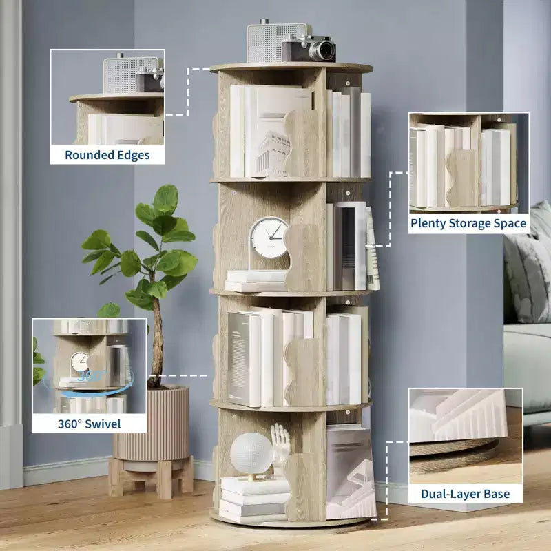 GustoWave 4 Tier Rotating Bookshelf Tower, 360 Stackable Wood Spinning Bookshelf - Storage Display Rack Standing Revolving Bookcase