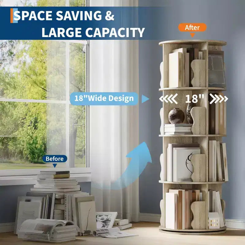 GustoWave 4 Tier Rotating Bookshelf Tower, 360 Stackable Wood Spinning Bookshelf - Storage Display Rack Standing Revolving Bookcase
