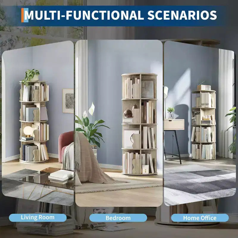 GustoWave 4 Tier Rotating Bookshelf Tower, 360 Stackable Wood Spinning Bookshelf - Storage Display Rack Standing Revolving Bookcase