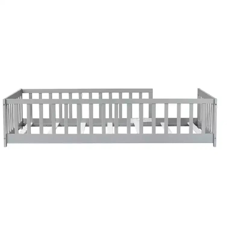 Twin Floor Bed with Fence without Door, Rubber Wood Floor Guardrails Gray