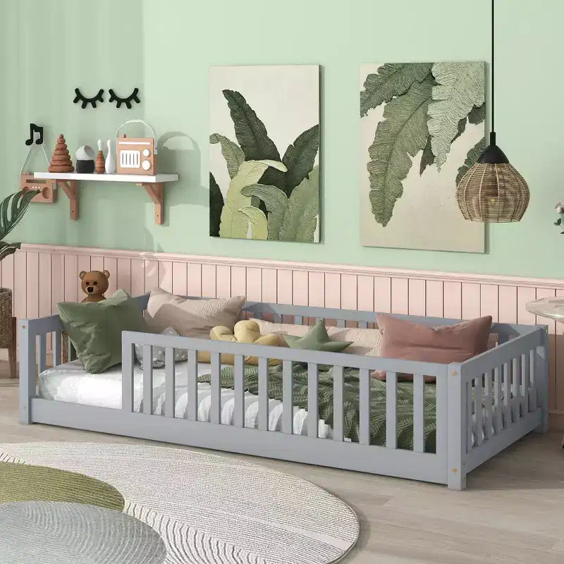 Twin Floor Bed with Fence without Door, Rubber Wood Floor Guardrails Gray
