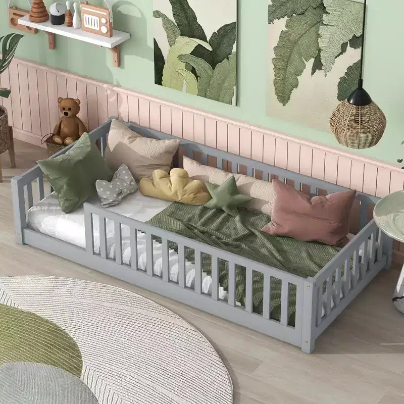 Twin Floor Bed with Fence without Door, Rubber Wood Floor Guardrails Gray