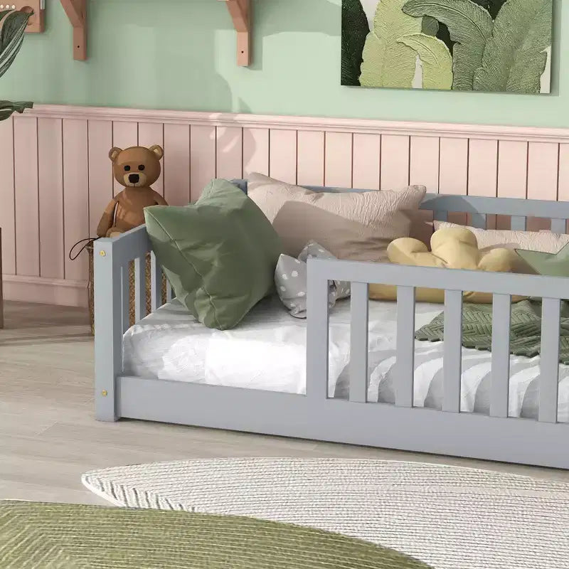 Twin Floor Bed with Fence without Door, Rubber Wood Floor Guardrails Gray