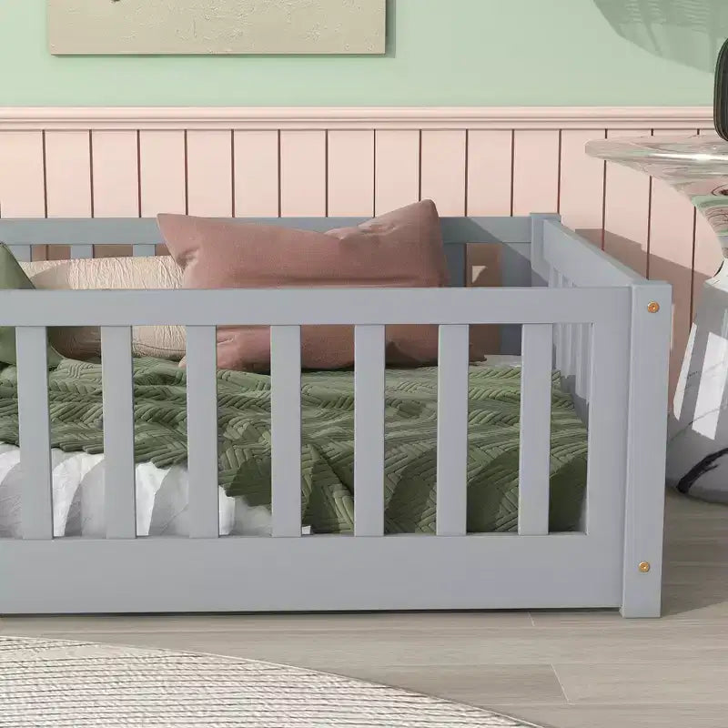 Twin Floor Bed with Fence without Door, Rubber Wood Floor Guardrails Gray