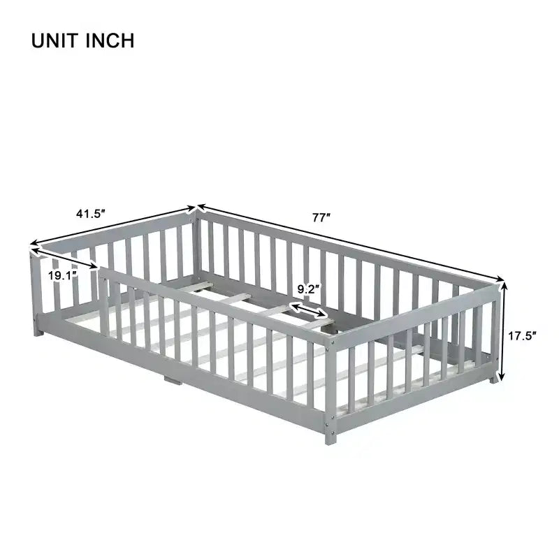 Twin Floor Bed with Fence without Door, Rubber Wood Floor Guardrails Gray