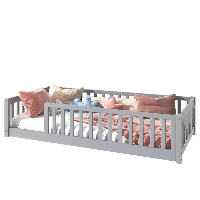 Twin Floor Bed with Fence without Door, Rubber Wood Floor Guardrails Gray