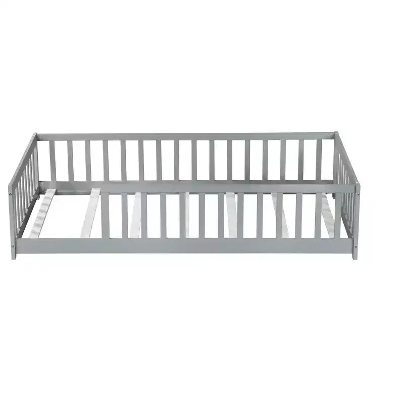 Twin Floor Bed with Fence without Door, Rubber Wood Floor Guardrails Gray