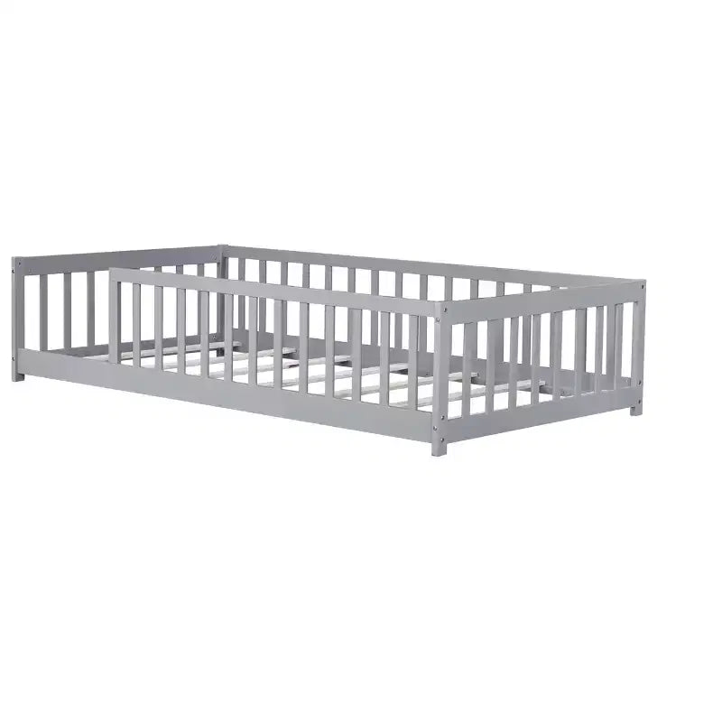 Twin Floor Bed with Fence without Door, Rubber Wood Floor Guardrails Gray