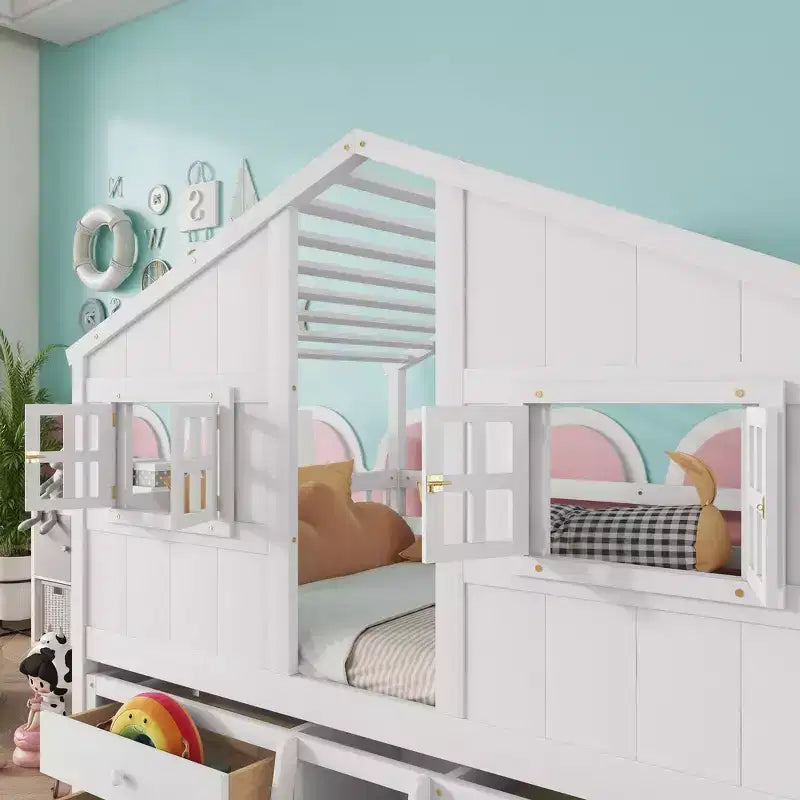 Full Size House Loft Bed with Roof, Windows, 4 Drawers and Guardrails for Children