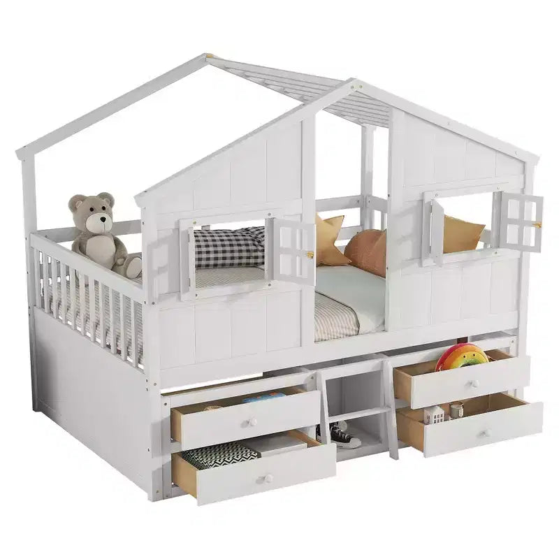 Full Size House Loft Bed with Roof, Windows, 4 Drawers and Guardrails for Children