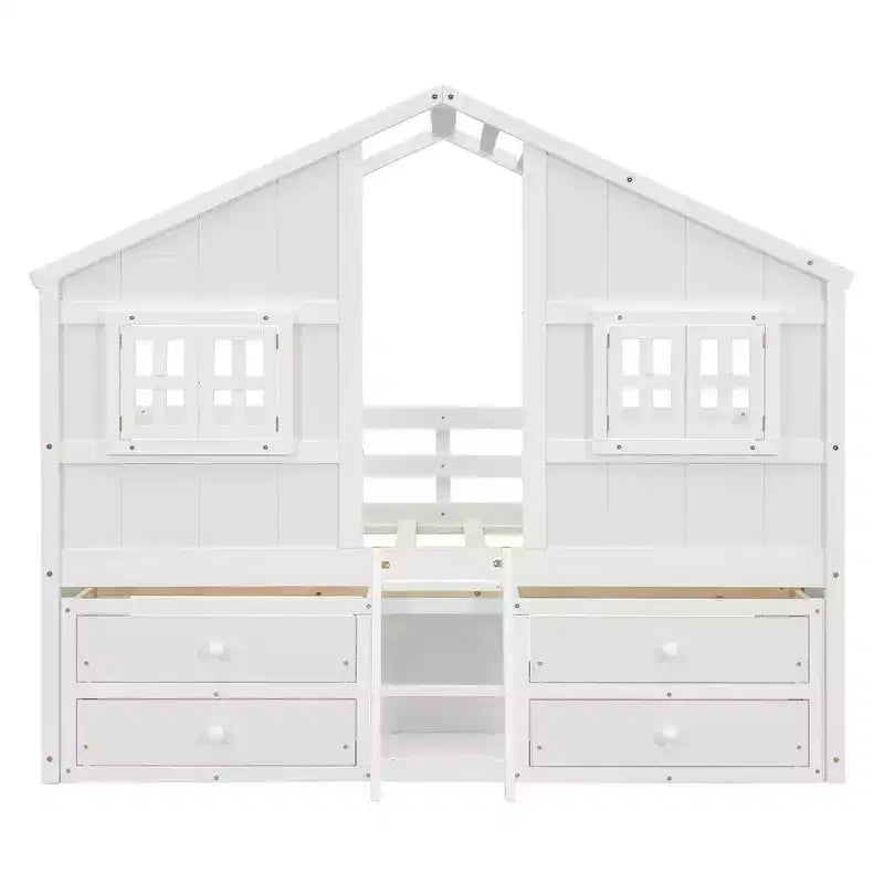 Full Size House Loft Bed with Roof, Windows, 4 Drawers and Guardrails for Children