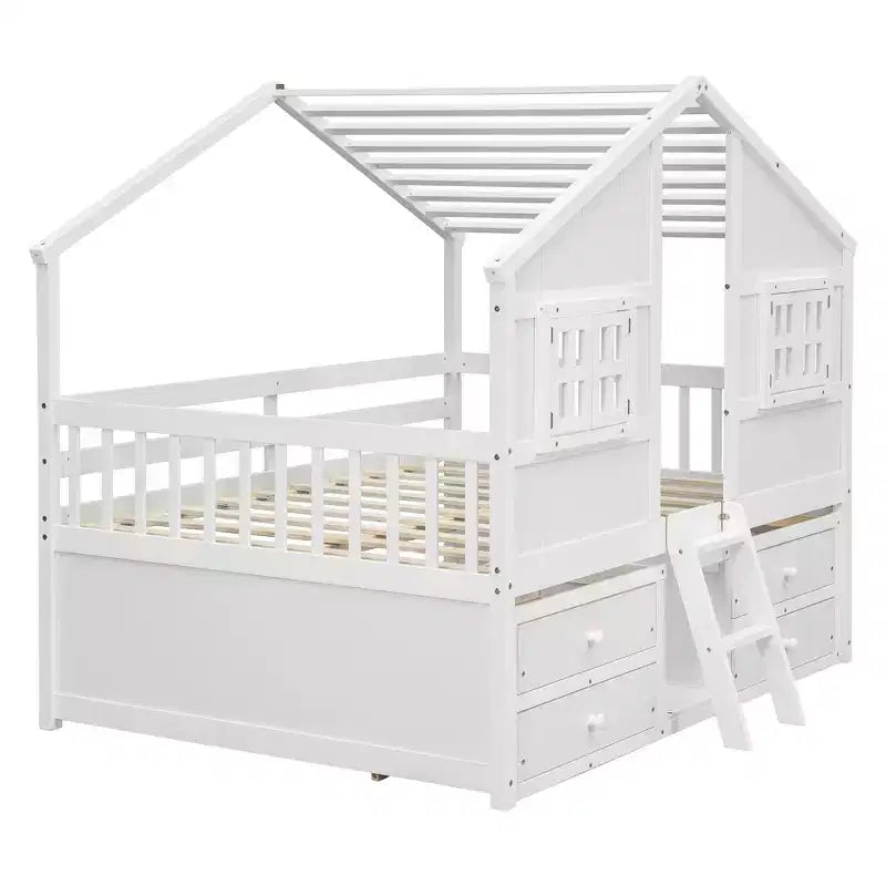 Full Size House Loft Bed with Roof, Windows, 4 Drawers and Guardrails for Children