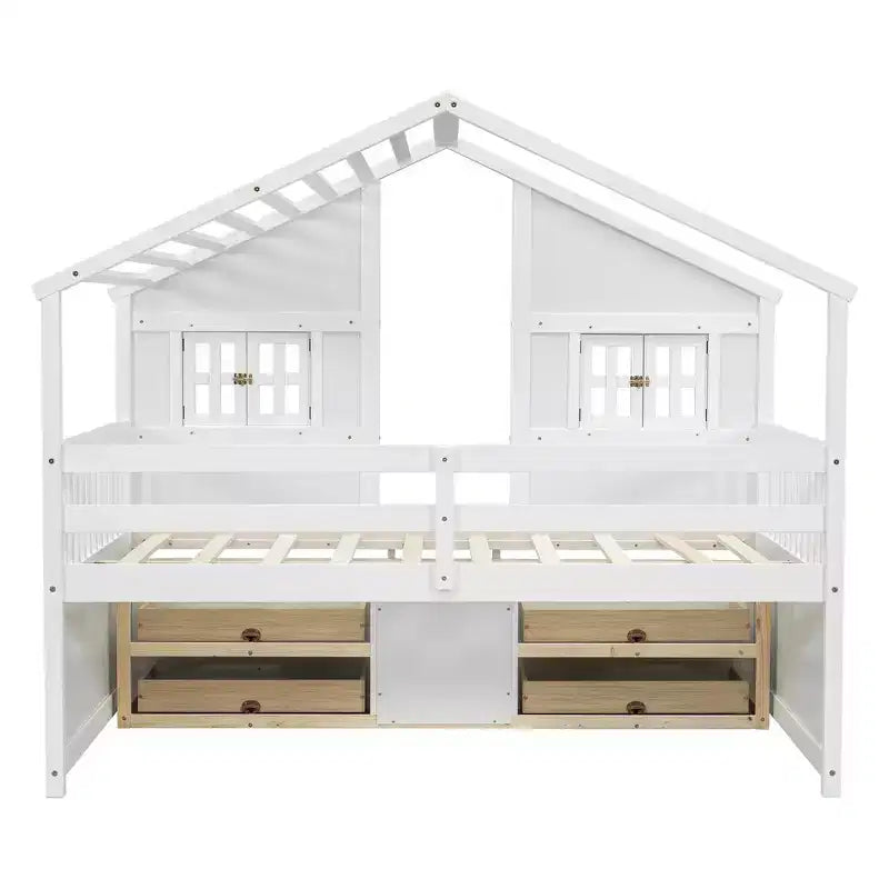 Full Size House Loft Bed with Roof, Windows, 4 Drawers and Guardrails for Children