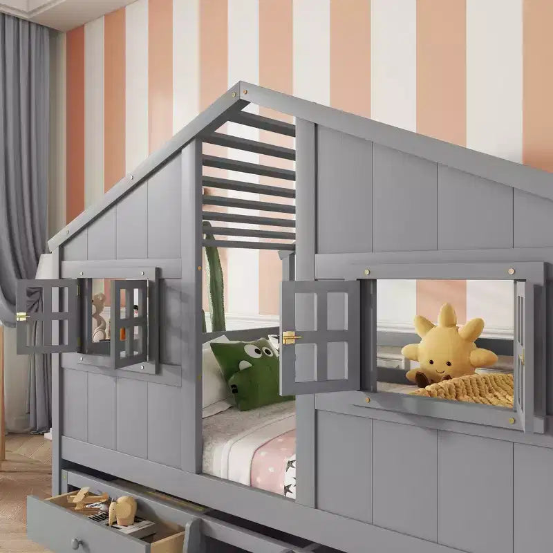 Full Size House Loft Bed with Roof, Windows, 4 Drawers and Guardrails for Children