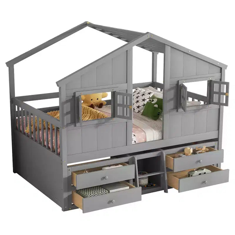 Full Size House Loft Bed with Roof, Windows, 4 Drawers and Guardrails for Children