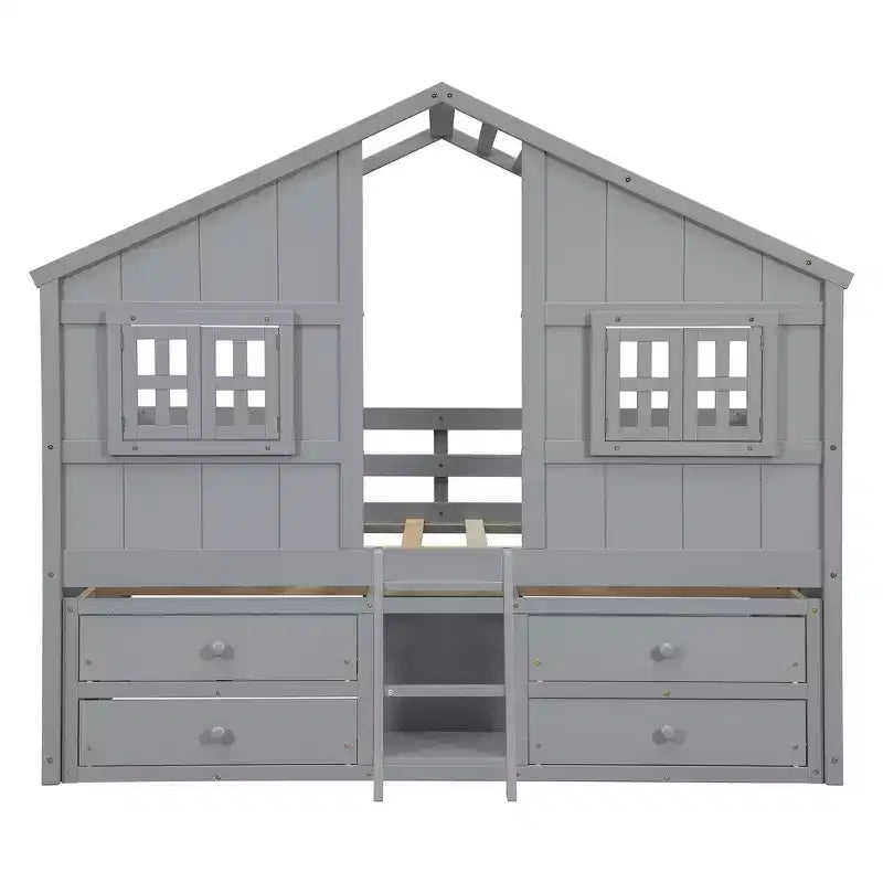 Full Size House Loft Bed with Roof, Windows, 4 Drawers and Guardrails for Children