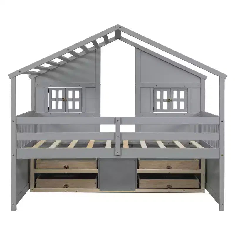 Full Size House Loft Bed with Roof, Windows, 4 Drawers and Guardrails for Children