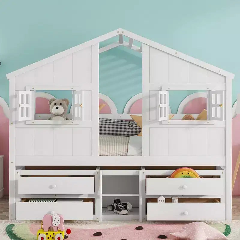Full Size House Loft Bed with Roof, Windows, 4 Drawers and Guardrails for Children