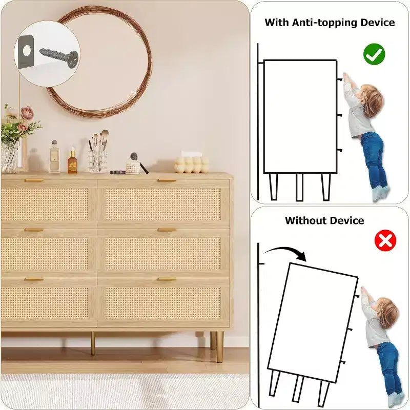 Rattan 6-Drawer Storage Chest with Gold Legs & Handles, Wide Cabinet with Large Tabletop, Anti-Tip, for Bedroom or Living Room