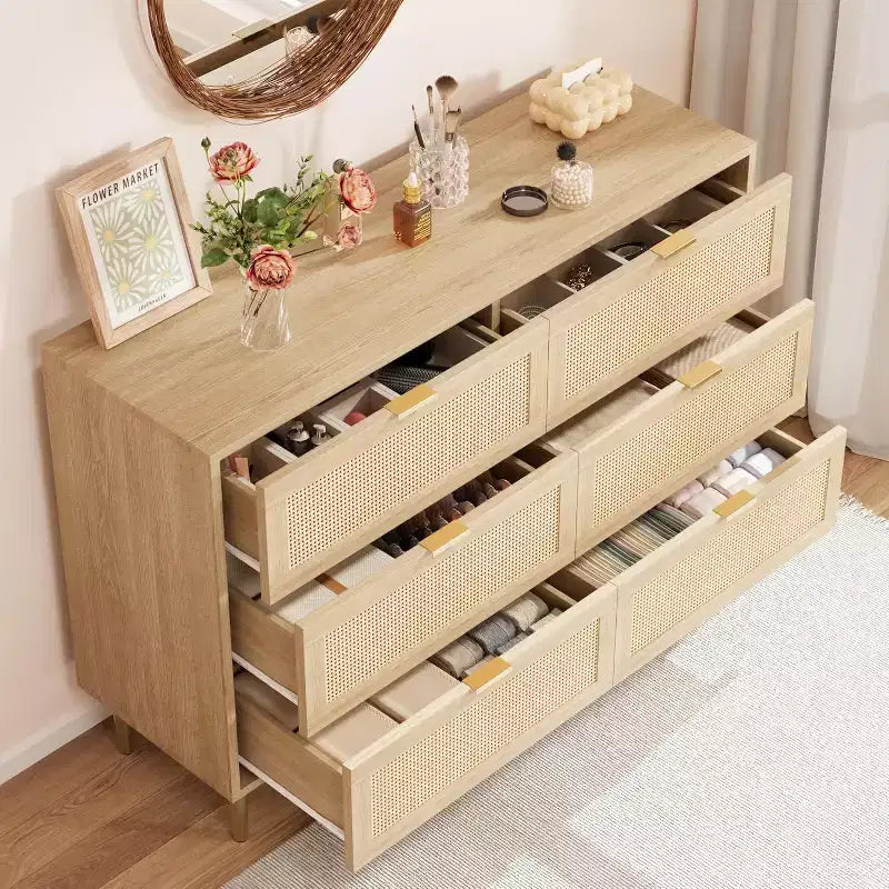 Rattan 6-Drawer Storage Chest with Gold Legs & Handles, Wide Cabinet with Large Tabletop, Anti-Tip, for Bedroom or Living Room
