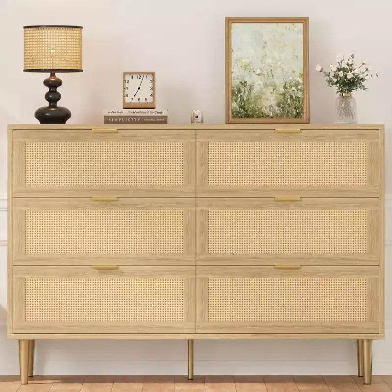 Rattan 6-Drawer Storage Chest with Gold Legs & Handles, Wide Cabinet with Large Tabletop, Anti-Tip, for Bedroom or Living Room