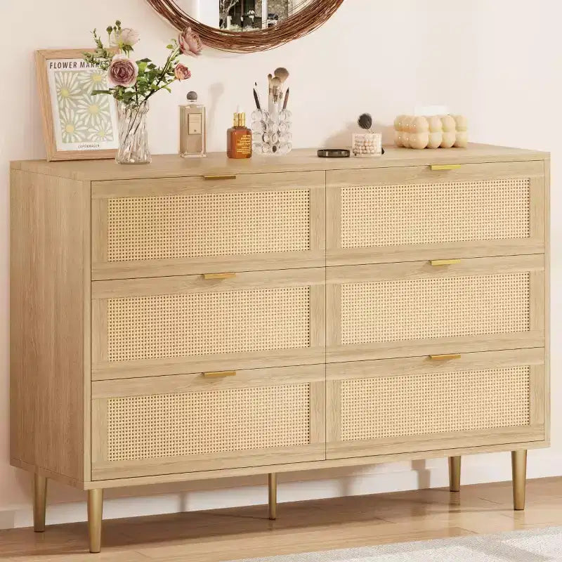 Rattan 6-Drawer Storage Chest with Gold Legs & Handles, Wide Cabinet with Large Tabletop, Anti-Tip, for Bedroom or Living Room